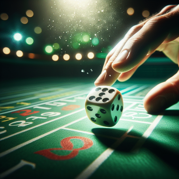 Dramatisk nærbilde av terninger som kastes over et craps-bord, grønnt playfelt, myke casino-lys og fokus på terningene i bevegelse