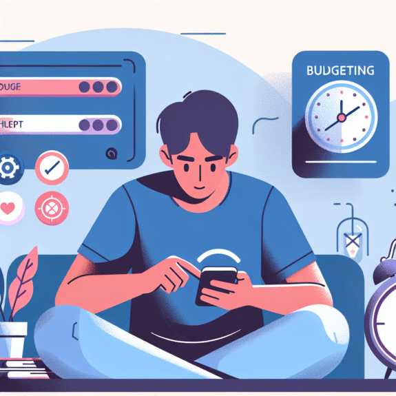 Illustrasjon av ansvarlig spilling: en person som setter grenser på mobil, rolig fargepalett, ikoner for budsjett, klokke og hjelpelinje, moderne flat design