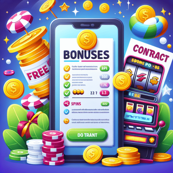 Moderne illustrasjon av casinobonuser: mobilskjerm med free spins, mynter, spilleautomater og kontrakt med vilkår, i klar flat design