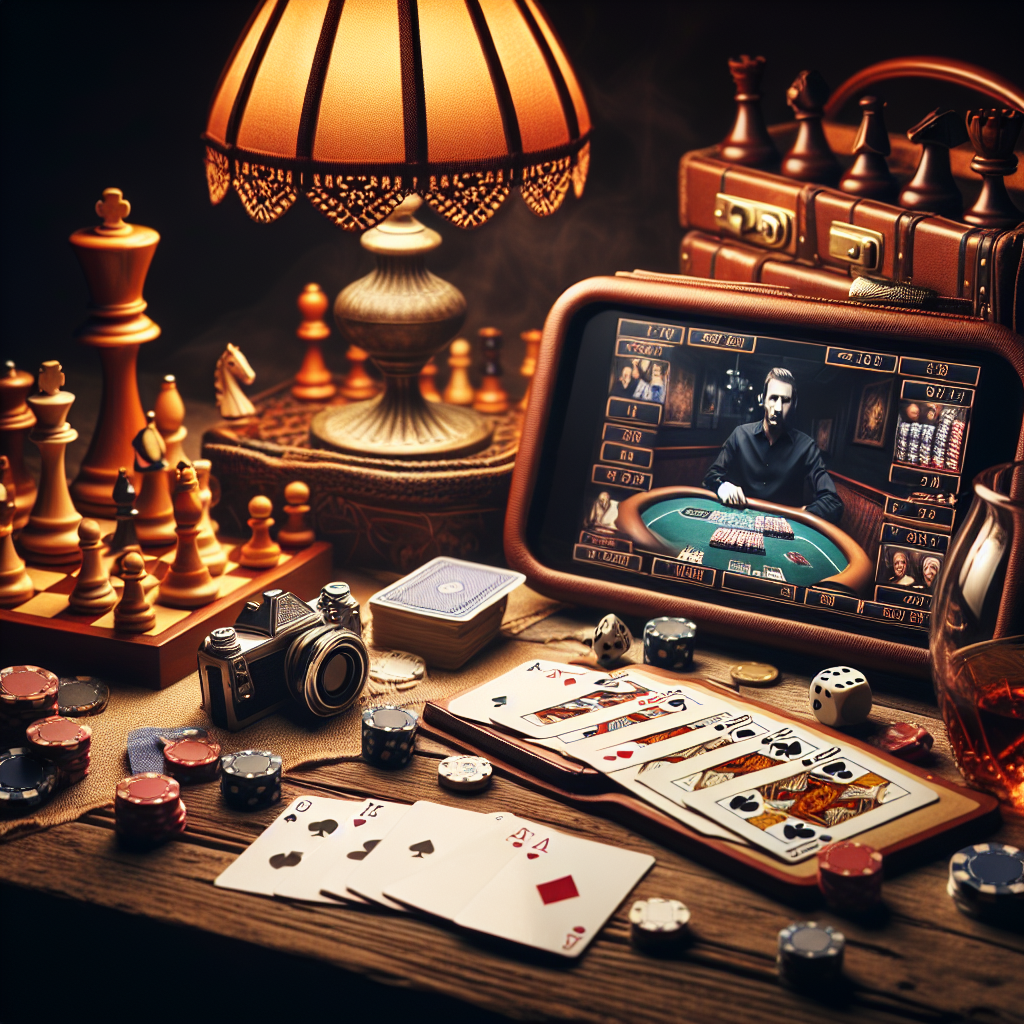 Stemningsfullt bord med klassiske bordspill (kort, sjakk, terninger) og en bærbar skjerm som viser en live dealer, varm belysning og sosial atmosfære