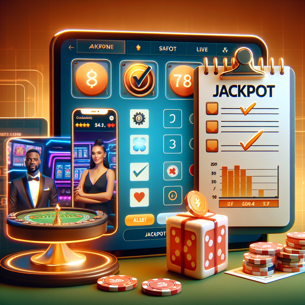 Et moderne nettcasino-grensesnitt på skjerm med mobil, sjekkliste, jackpot-ikon og live dealer-studio i bakgrunnen, varm fargepalett