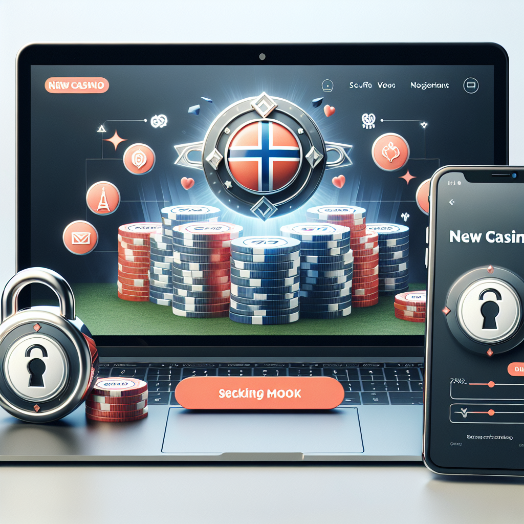 Et moderne nettcasino på en laptop og mobilskjerm, norske elementer, sikkerhetsikoner (hengelås), og et tydelig 'Nye casinoer' badge, rent, profesjonelt design