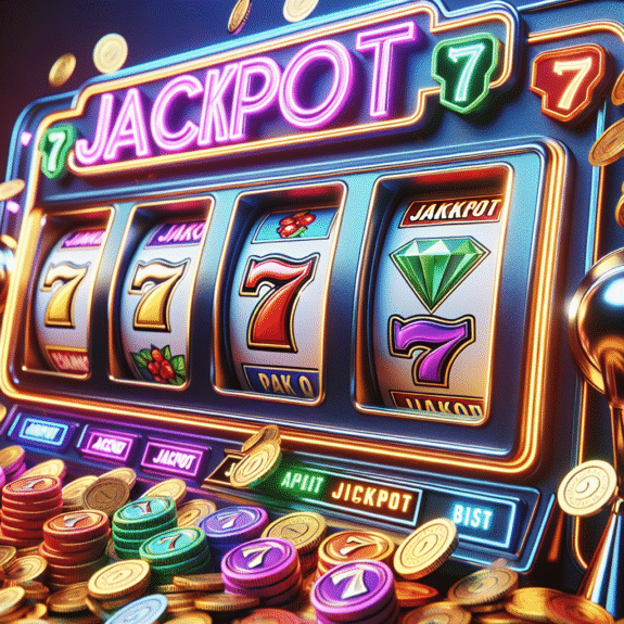 Fargerik nærbilde av en moderne spilleautomat med blinkende jackpot-tekst og mynter som regner ned, symboler som sevens og diamanter, i en elegant, realistisk stil