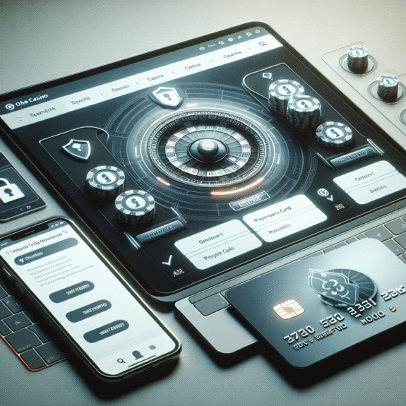 Oversiktsbilde av moderne nettcasino på laptop og mobil, sikre lås-ikoner, betalingskort og nøytralt, profesjonelt design