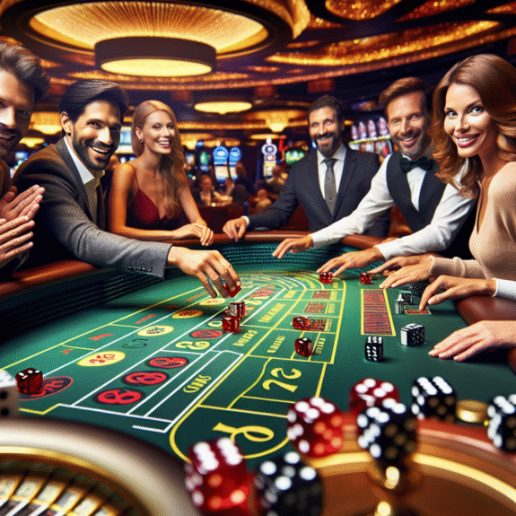 Et livlig craps-bord i et moderne casino, fokus på terninger i luften, varme farger, spillere som smiler, profesjonell atmosfære og tydelig bordoppsett